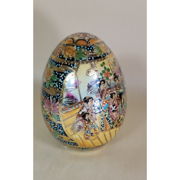 Vintage Chinese Satsuma Egg Geisha Girls Motif Hand Painted Moriage Porcelain 9" - Picture 2 of 9